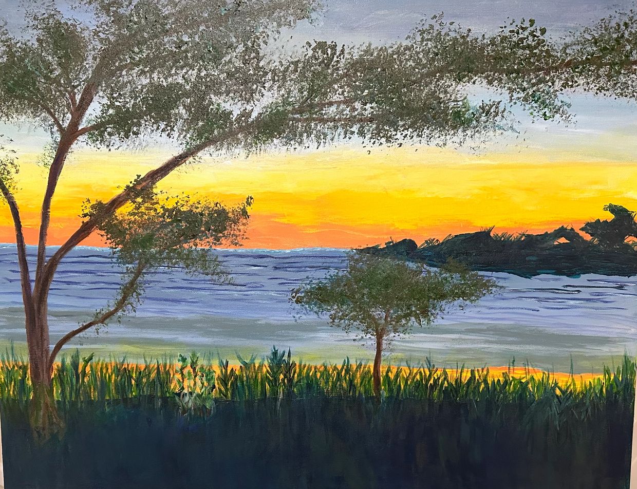 Sun setting in Costa Rica. Water, greenery, sky.