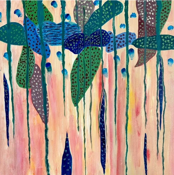 Dripping technique. Abstract leaves or birds, dotted with opposite colors. Fun, uplifting image.