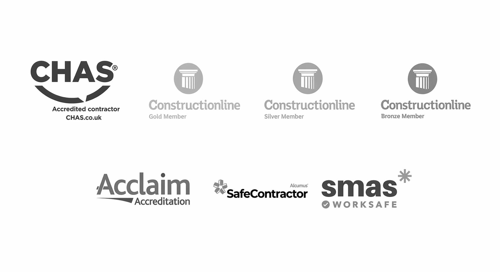 Various contractor accreditation logos including CHAS, Constructionline, Acclaim, SafeContractor, and SMAS.