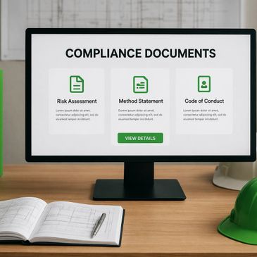 Computer screen displaying compliance documents with icons and a green hard hat nearby.