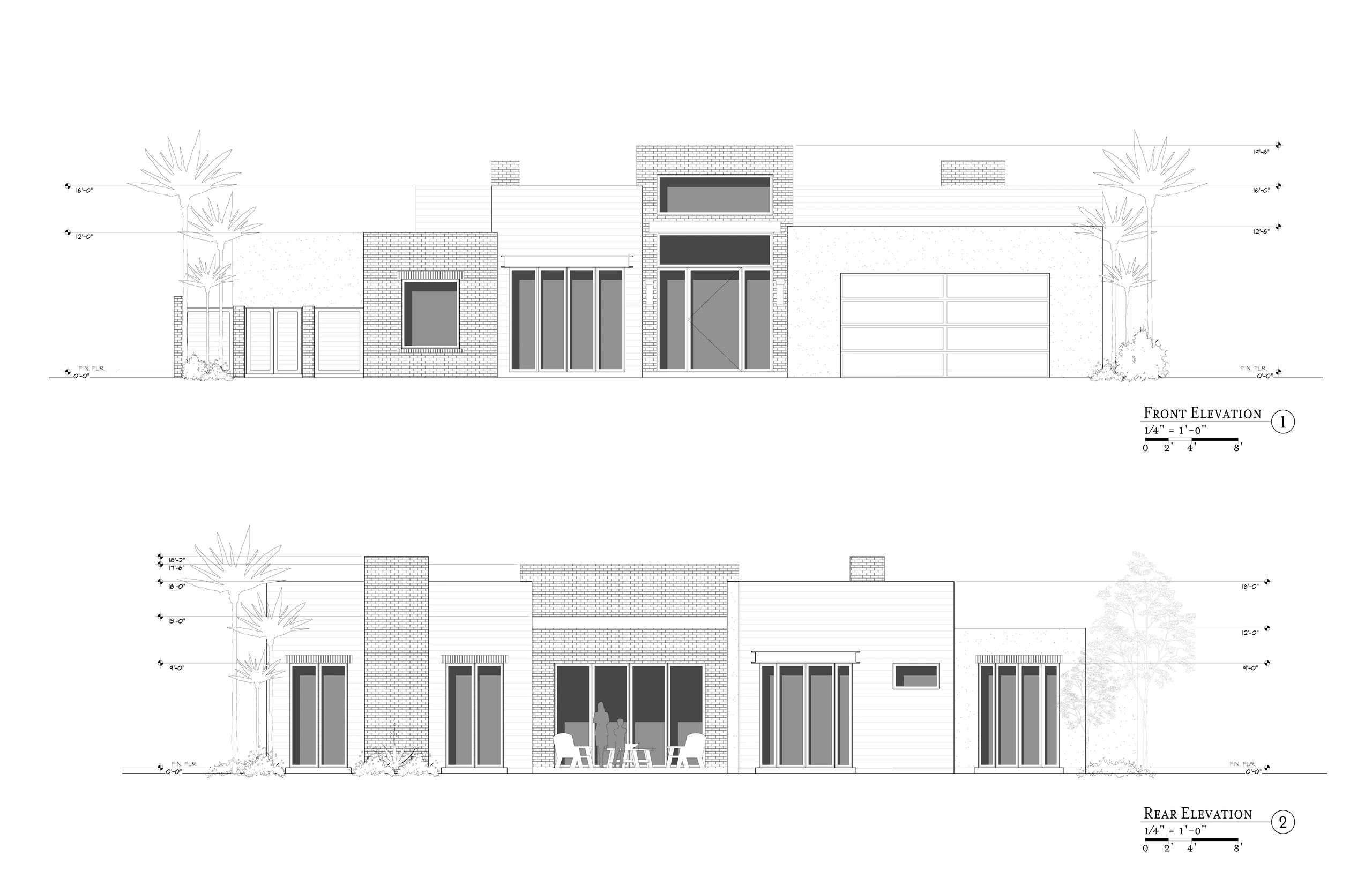 Architectural front and rear elevation drawings of a modern house.