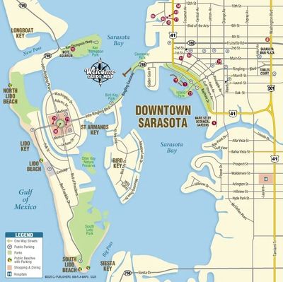 Map showing Downtown Sarasota and nearby keys including St Armands and Lido Beach.