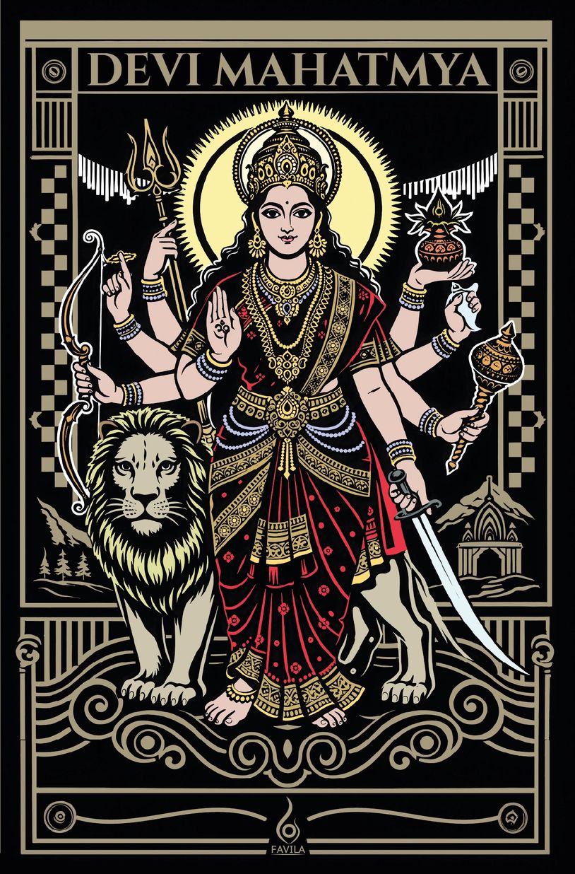 La diosa Durga con sus armas y su animal sagrado.