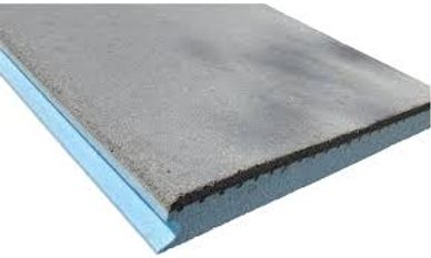 Concrete slab with blue insulation foam board beneath.