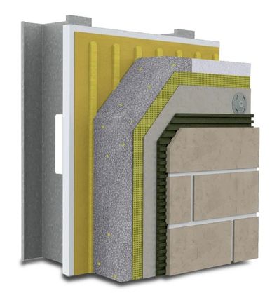 3D illustration of an insulated wall cross-section with multiple layers.