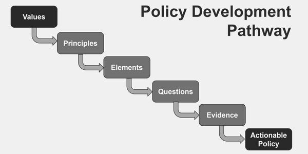 Flowchart showing the Policy Development Pathway from Values to Actionable Policy.