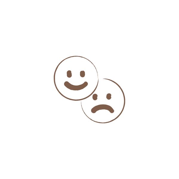Two simple faces showing happy and sad emotions in brown lines.