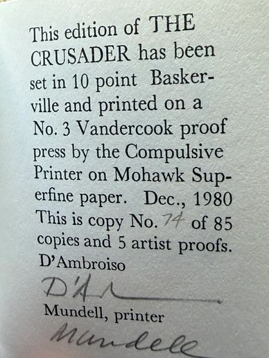 Printed edition details of THE CRUSADER from 1980 with signatures and copy number.