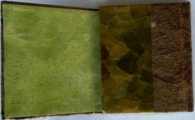 Three textured fabric or leather samples in green and brown shades.