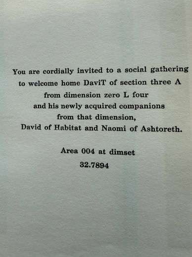 Invitation to a social gathering welcoming DaviT and companions from another dimension.