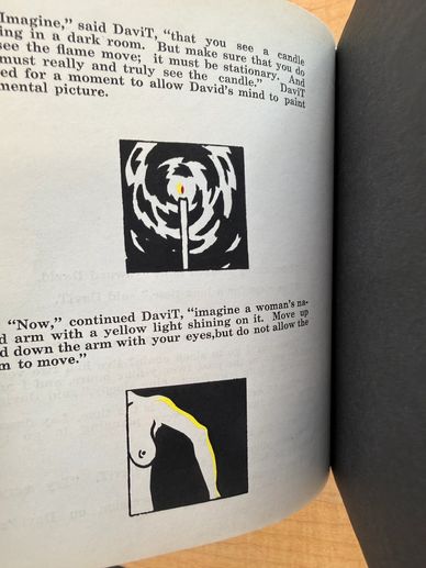 Illustrations of a candle flame and a woman's arm with yellow light in a book.