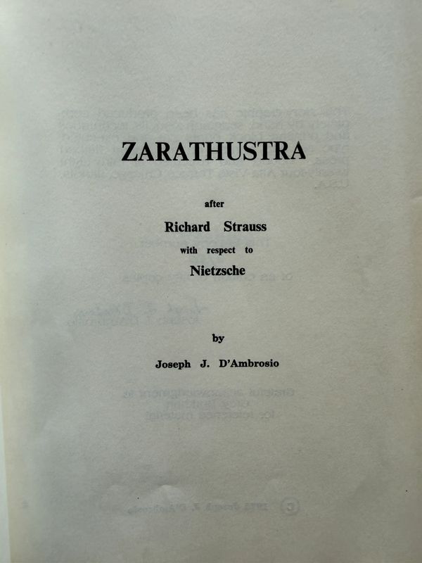 Title page of 'Zarathustra' by Joseph J. D'Ambrosio.