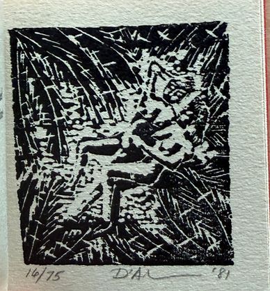 Black and white abstract art with human figures in dynamic poses.