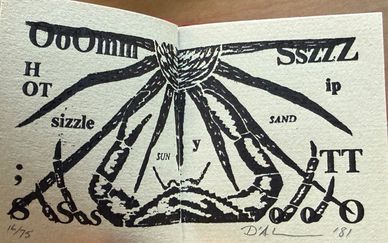 Black ink crab illustration with scattered letters and symbols on textured paper.