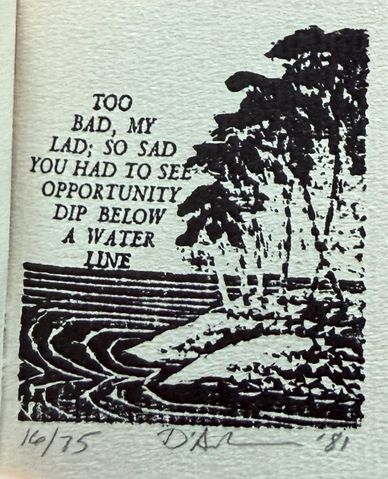Black ink drawing of a river scene with trees and a poetic message about opportunity.