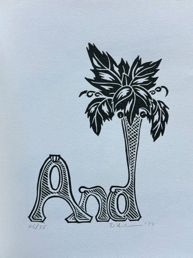 Artistic black and white drawing of the word 'And' with a leafy plant growing from the letter 'd'.