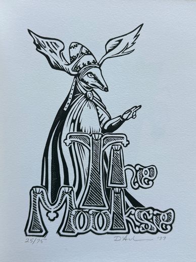 Black and white illustration of a rabbit in a cloak titled 'The Mookse'.