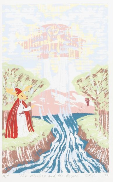 A figure in red robes stands by a river under a floating structure emitting beams.