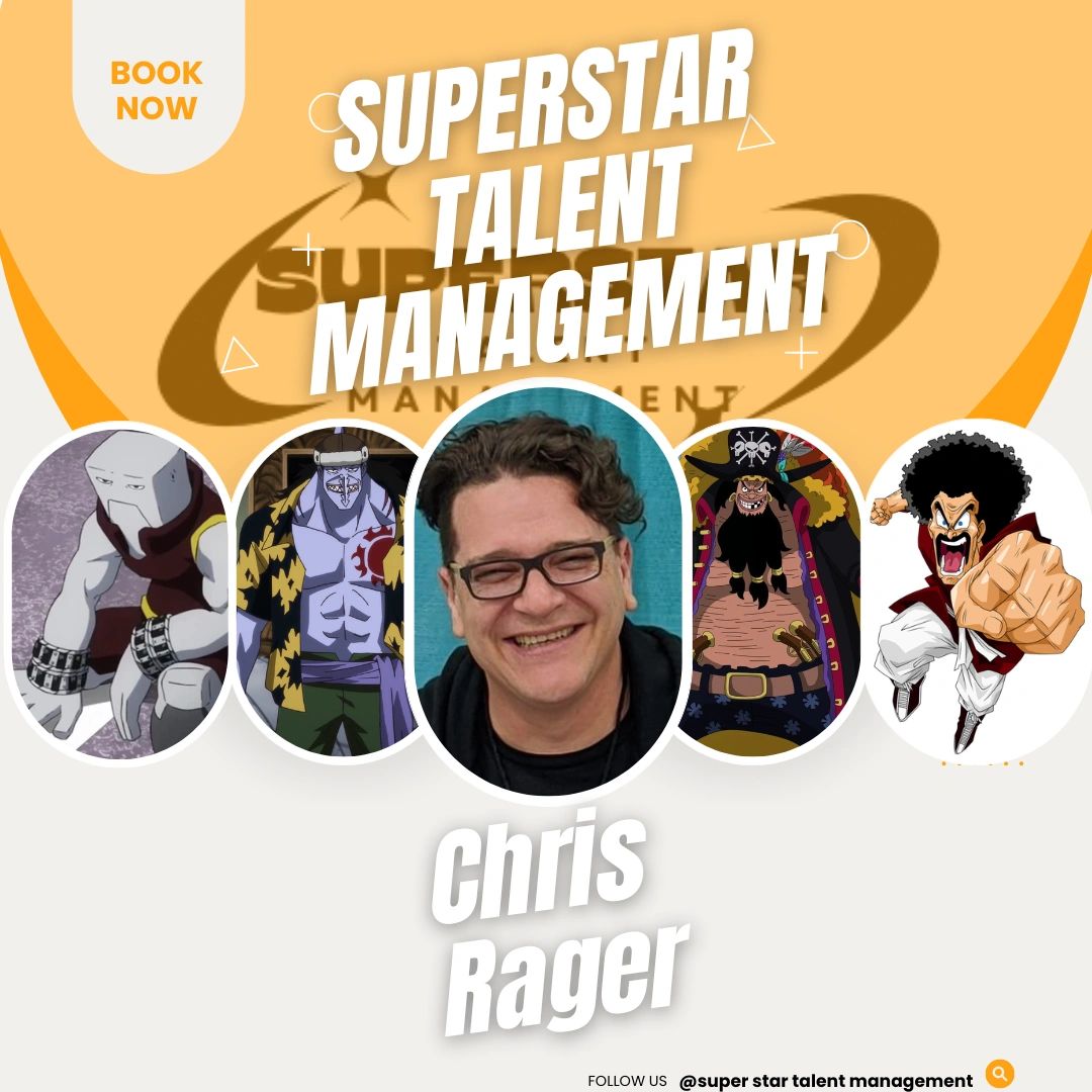 Superstar Talent Management features Chris Rager with anime characters.