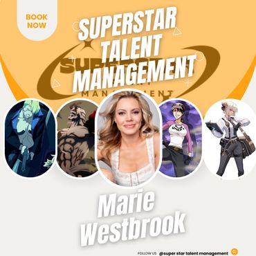 Promotional image for Superstar Talent Management featuring Marie Westbrook and anime characters.