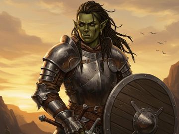 Orc warrior in shining armor with shield at sunset.