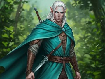 A determined elf warrior in a teal cloak stands ready in a forest.