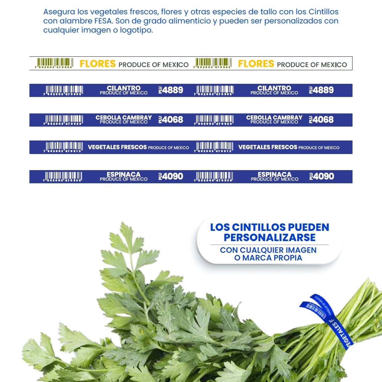 Etiquetas y cintillos personalizables para vegetales frescos y flores con alambre FESA.