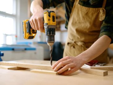 Person using a yellow drill on wood in a workshop.