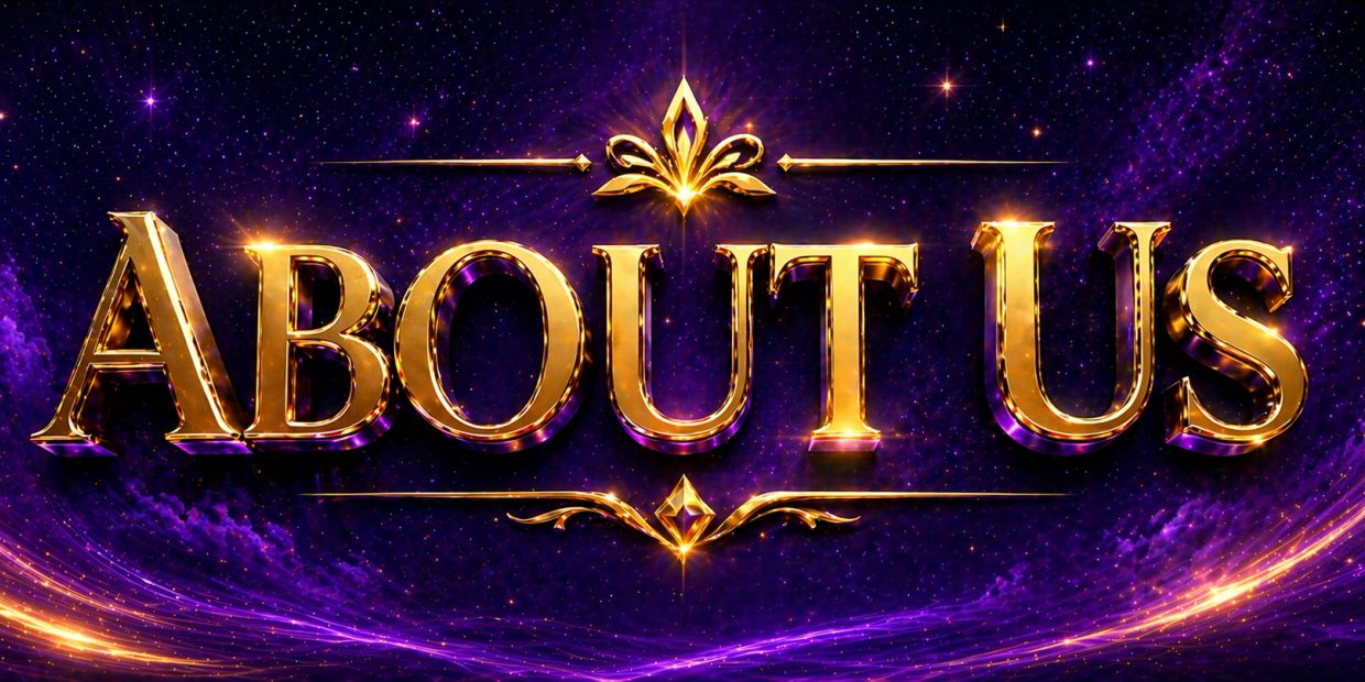 Golden 'ABOUT US' text with cosmic purple background and glowing effects.