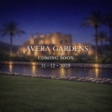 Avera Gardens announcement with a nighttime garden and water feature background.