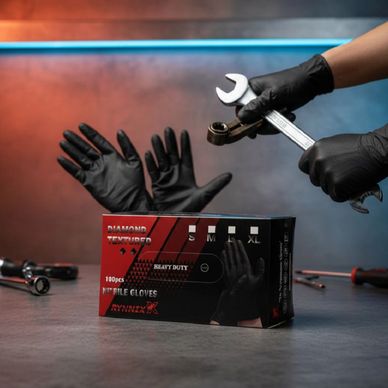 Hands wearing black gloves holding a wrench above a box of black disposable gloves.