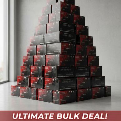 Large pyramid stack of boxed products with 'Ultimate Bulk Deal!' text.