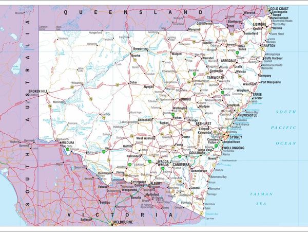 Map showing New South Wales and surrounding states in Australia.