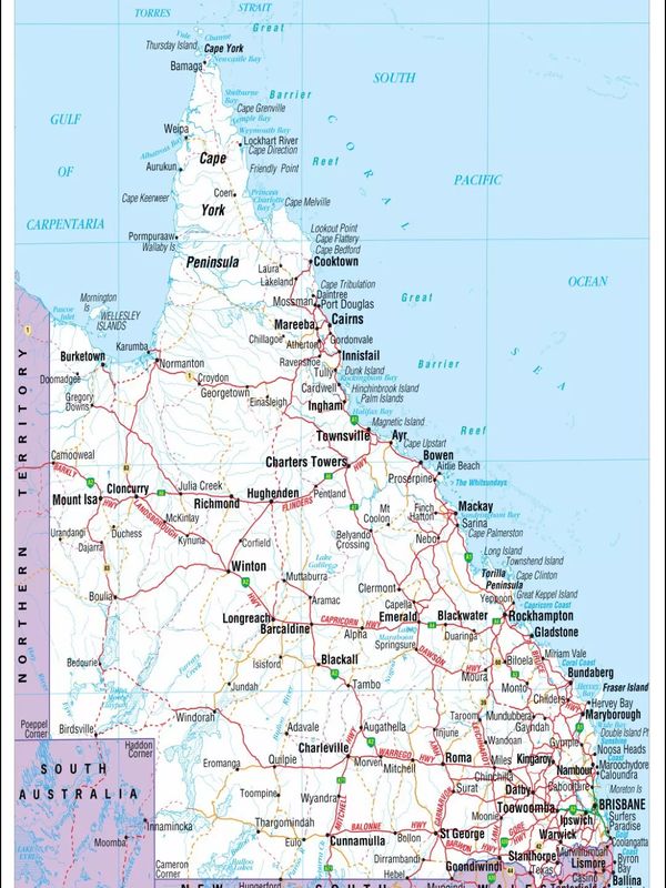 Map of Queensland, Australia showing cities and regions.