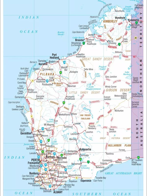 Map of Western Australia showing cities, roads, and deserts.