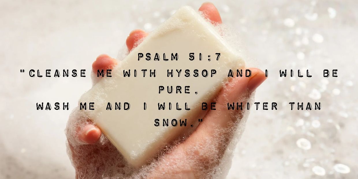 A hand holding a frothy bar of soap with scripture overlaid