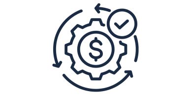 Icon showing a dollar sign inside a gear with circular arrows and a check mark.
