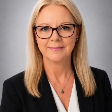 Professional portrait of a woman with glasses and blonde hair.