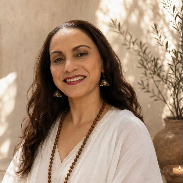 Smiling woman in white attire with long hair and wooden bead necklace.