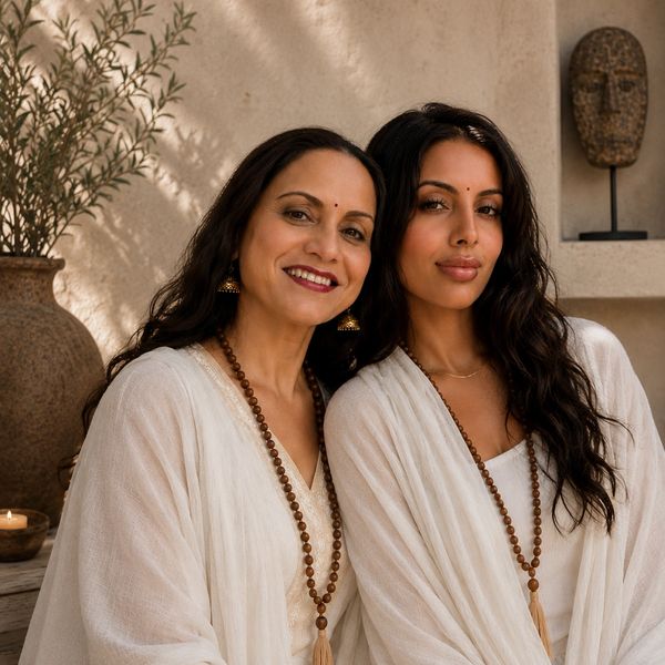 Two women in white robes wearing wooden bead necklaces, smiling and posing together indoors.