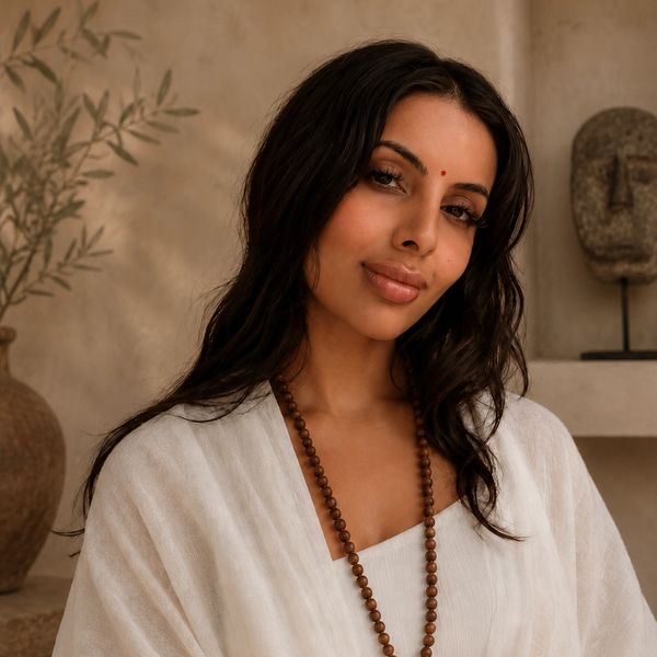 A serene woman with a bindi and wooden bead necklace in a neutral-toned room.