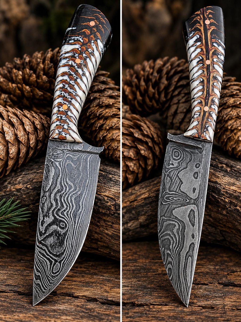 Pinecone in tesin on damascus steel.