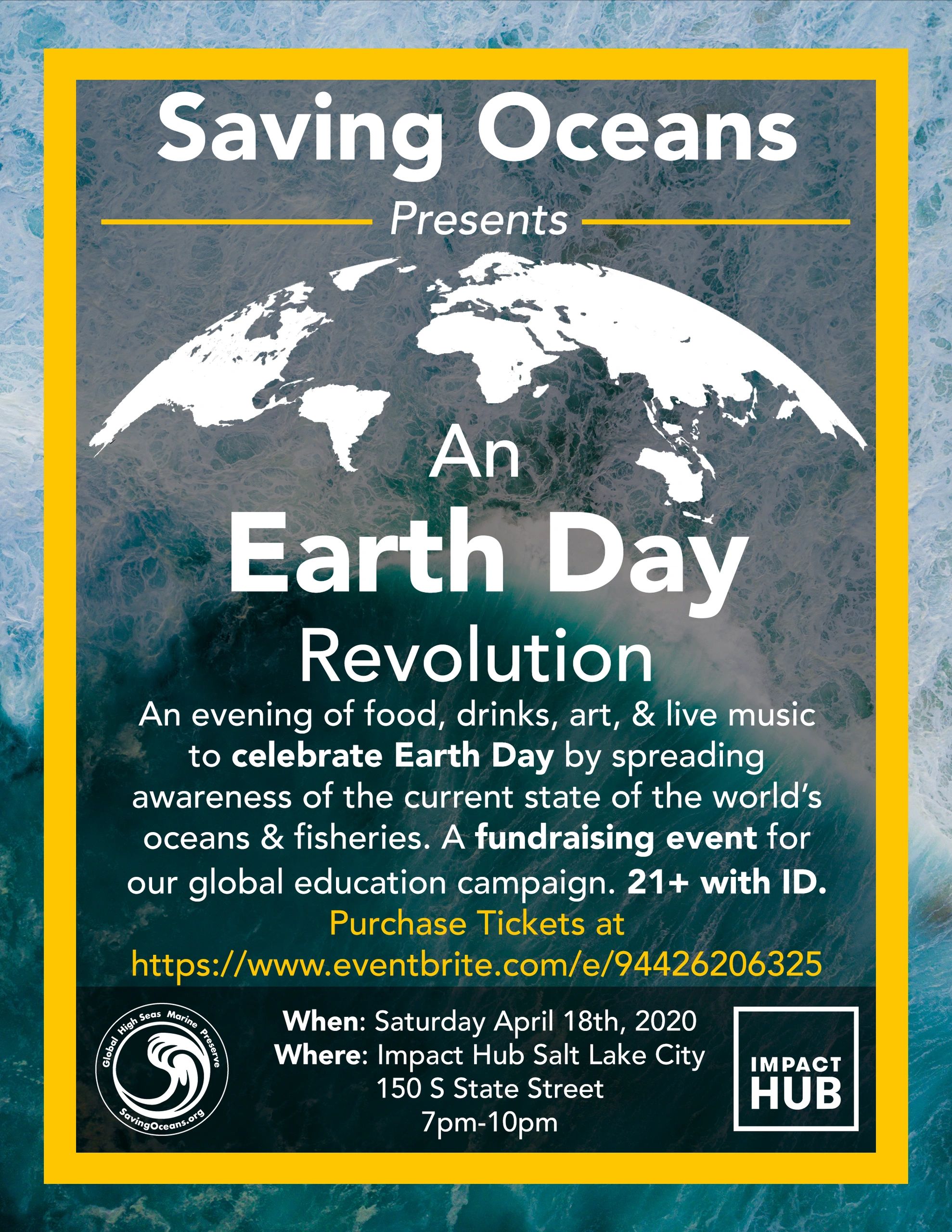 An Earth Day Revolution event flyer for Earth Day 2020 in Salt Lake City Utah for Saving Oceans.