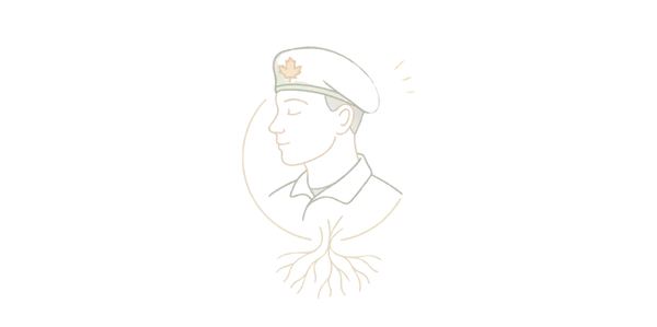 Pastel line art of a Canadian veteran with roots & light, symbolizing healing from trauma and PTSD.