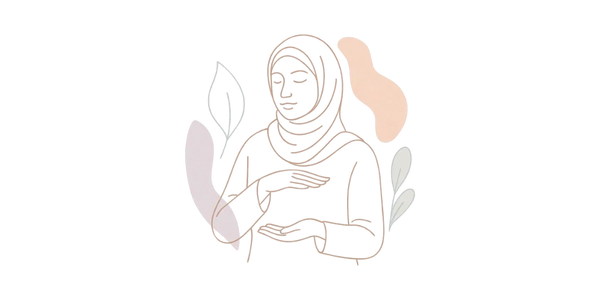 Pastel line art of a Muslim woman in a hijab with calming shapes, symbolizing emotional regulation.
