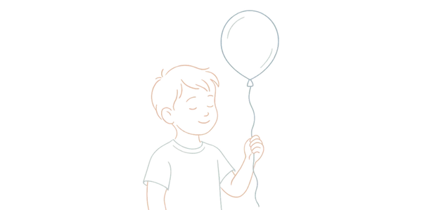 Pastel line art of a young boy holding a balloon, symbolizing inner child healing and playfulness.