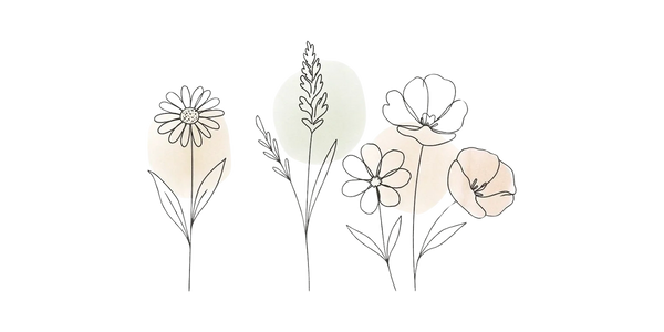Line art of five flowers with pastel accents. Courage, support, connection, community, and patience.