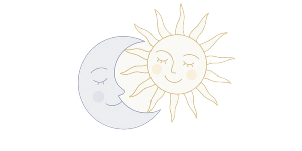 Minimalist pastel line art of a sun and moon intertwined, symbolizing balance and harmony.