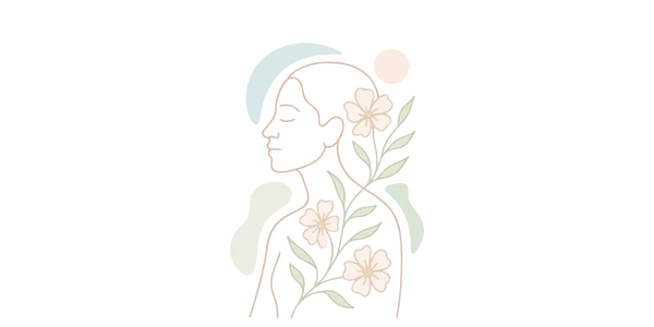 Line art of a woman with flowers flowing through her body, symbolizing mind–body connection.
