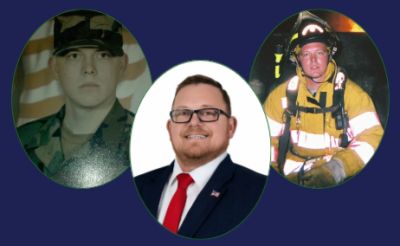 Three portraits showing a man as a soldier, firefighter, and professional in a suit.